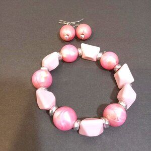 Bracelet Earring Set Pink Quartz Costume Pastel Pink Beaded Silver Fish Hook